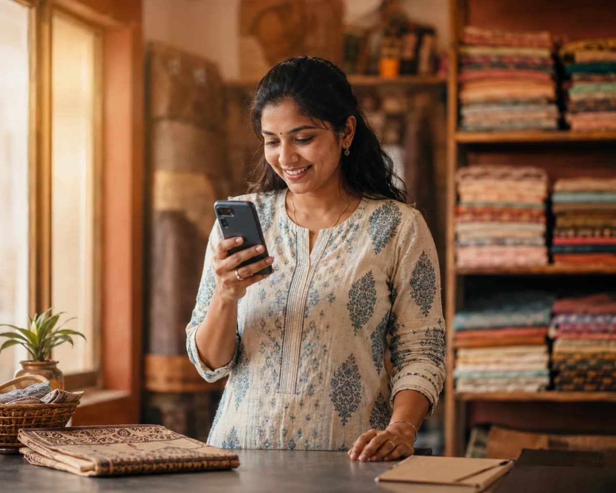 A boutique owner smiling at her phone after getting a new order